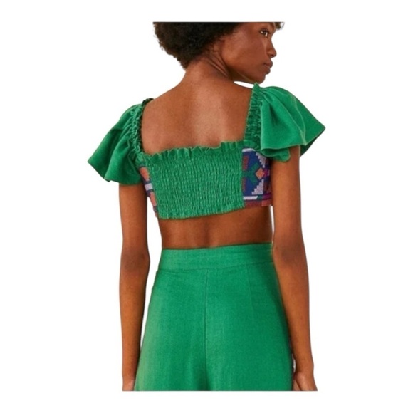 NWT! Farm Rio Tropical Green Linen Embroidered Smocked Back Crop Top. Size XL. - Picture 3 of 14